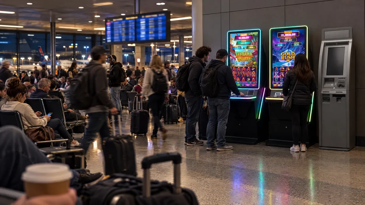 Two Foxfire cabinets and a payout kiosk in a crowded airport terminal