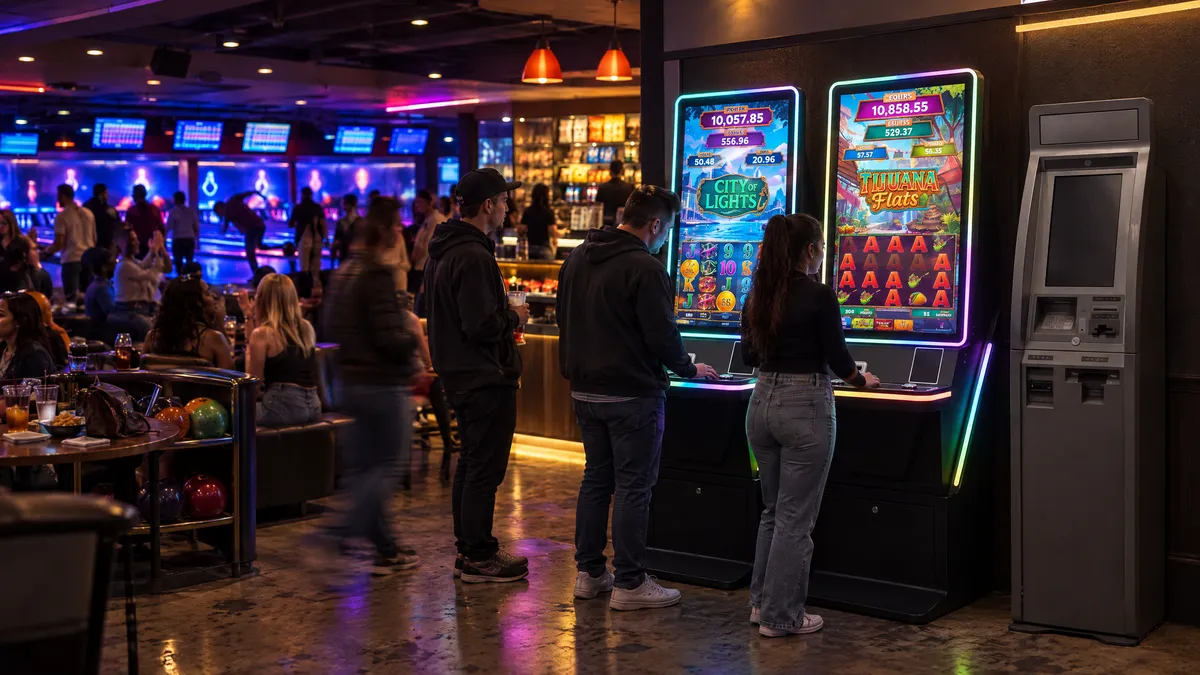 Foxfire cabinets and a payout kiosk beside the lanes of a busy bowling alley