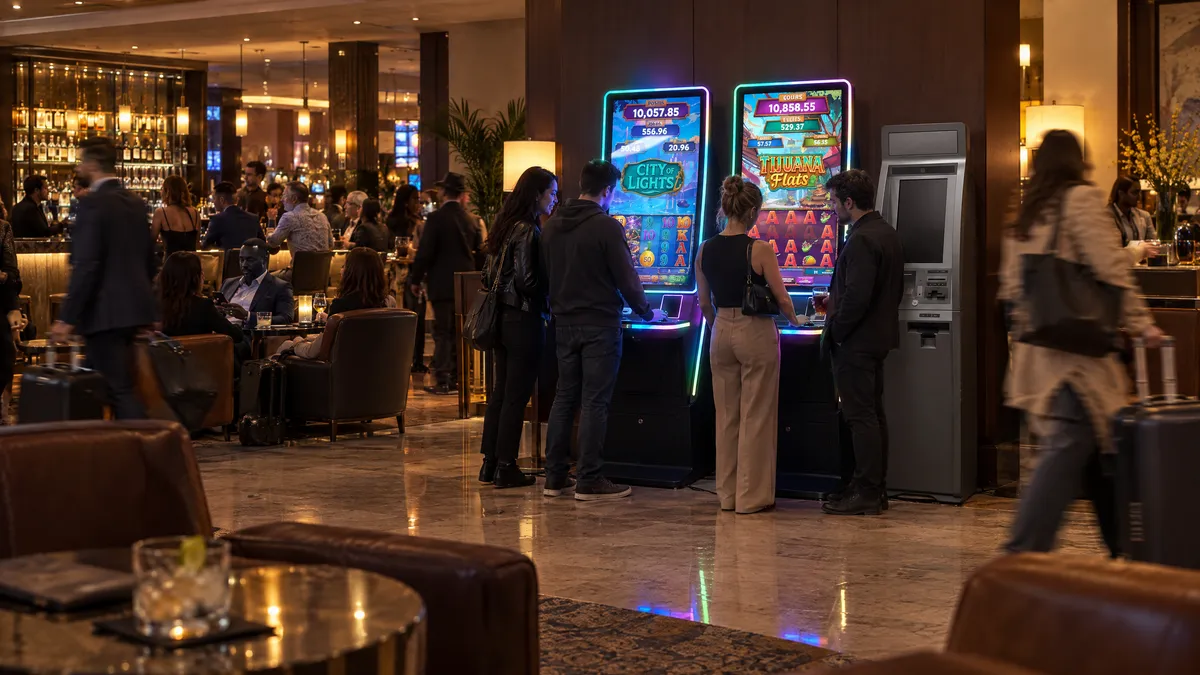 Two Foxfire cabinets and a payout kiosk in a hotel lobby lounge