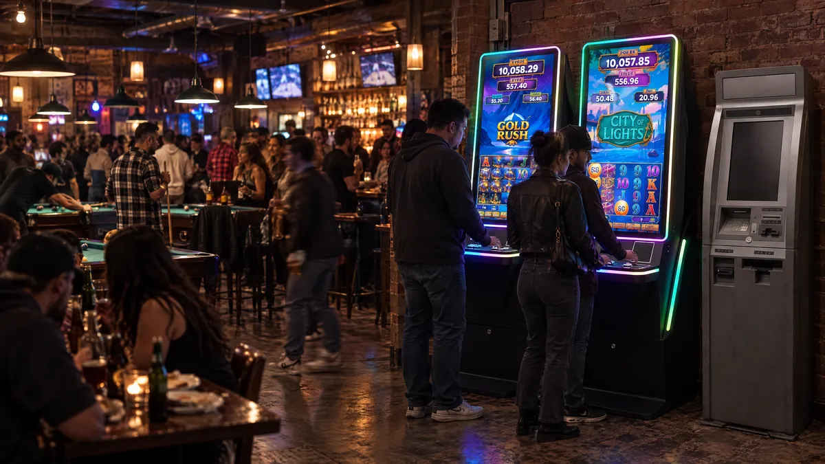 Two Foxfire cabinets and a payout kiosk on the floor of a pool hall