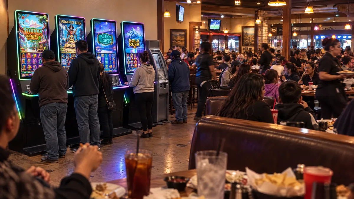 Four Foxfire cabinets and a payout kiosk along the wall of a busy restaurant