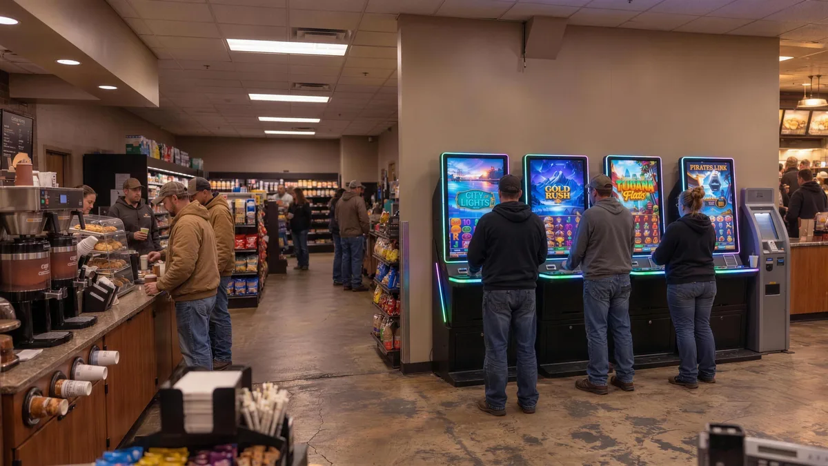 Four Foxfire cabinets with travelers lined up in front of them inside a truck stop